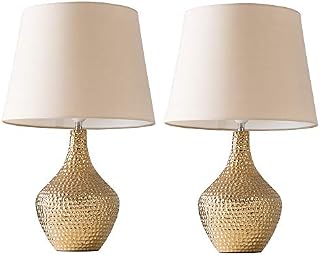 MiniSun Modern Metallic Gold Indent Textured Ceramic Table Lamp with a Pink Tapered Shade