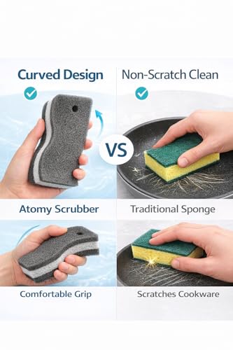 Image of Multipurpose Scrubber Sponge 4 Pack - Curved Non Scratch Dish Scrubber Sponge, Ergonomic Easy Grip Kitchen Sponge for Non Stick Cookware, Triple Layer Grease Cleaning Dishwashing Sponge