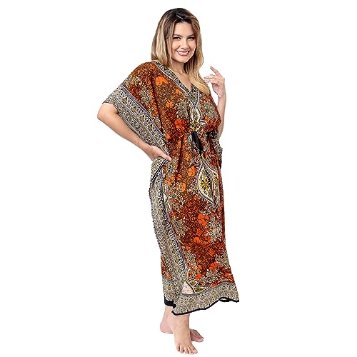 Vestido Kafta Indiano Longo Estampa Boho Plus Size (Laranja)