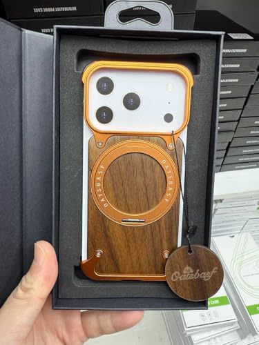 Coque iPhone 17 Pro Max orange antichoc bois et aluminium support mains libres