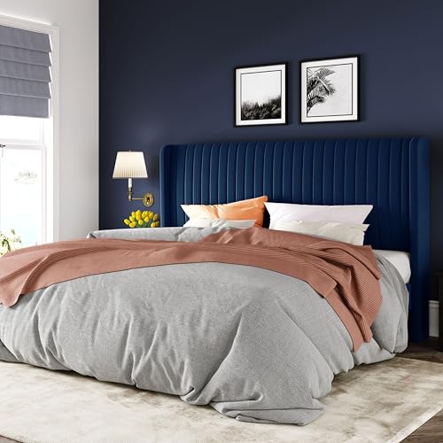 Image of Allewie King Size Velvet Bed Frame /Vertical Channel Tufted Wingback Headboard /Upholstered Platform Bed /Strong Wooden Slats /No Box Spring Needed /Easy Assembly /Blue