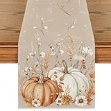 Artoid Mode Pumpkins Leaves Flowers 210 GSM Fall Table Runner, Seasonal Autumn Kitchen Dining Table Decoration for Home Party Decor 13x72 Inch