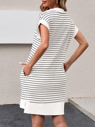 Image of Wenrine Womens Striped Mini Dress Casual Zipper Cap Sleeve Collared V Neck Loose Knit Summer Dresses