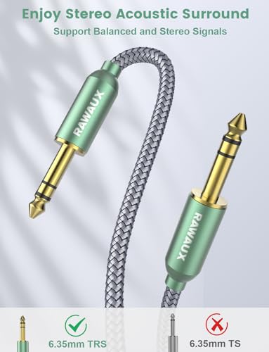 RAWAUX 6.35mm TRS Instrument Cable, 1/4" 6.35mm Male to Male Jack Stereo Audio Cable Balanced Guitar Lead for Guitar Bass - Image 2