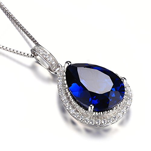 JewelryPalace Huge Pear Cut 10.9ct Created Blue Sapphire Halo Pendant Necklace for Women, 14k White Gold Plated 925 Sterling Silver Necklaces for Her, Gemstone Necklace 18 Inches Chain Jewelry Sets3