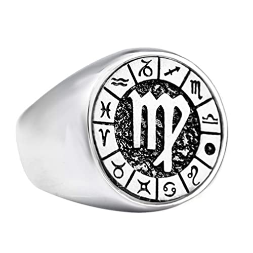 Unisex Stainless Steel Simple 12 Constellation Zodiac Signet Ring Horoscope Astrology