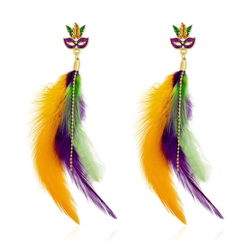 Mardi Gras Earrings, Colorful Mask Feather Dangle Earrings for Women Girls Jewelry, Carnival Drop Earrings Holiday Party Accessories
