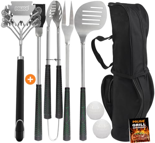 POLIGO 7PCS Golf-Club Style BBQ Grill Tools Kit with Rubber Handl...
