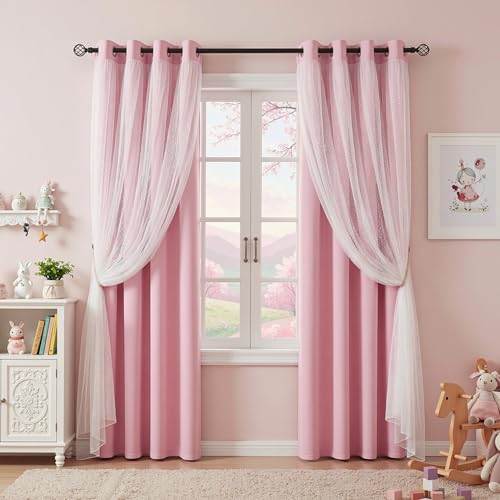 Image of MYSKY HOME Light Pink Blackout Curtains for Girls Bedroom 52Wx84L,2 Panels | Baby Pink Blackout Curtains with Polka Dots Sheer Overlay, Grommet Tops,Double Layer,for Nursery Kids Bedroom Living Room