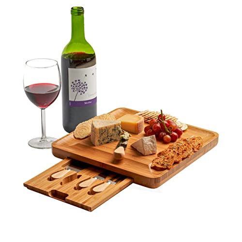 Machika bamboo cheese board set and Knife Set | Appetizer Serving Tray | Cheese Cutting Board | Perfect Housewarming Gift for Wine Lovers & Cooks | Includes 4 Pcs Cutlery Set |