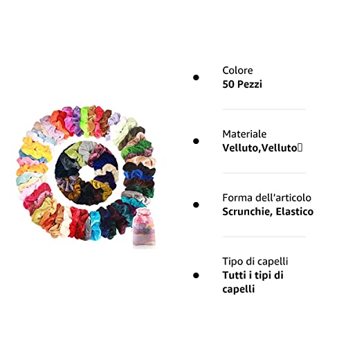 Wanxida 50 Pezzi Scrunchies, Elastici per Capelli in Velluto Accessori per Capelli per Donne o Ragazze, 50 colori assortiti