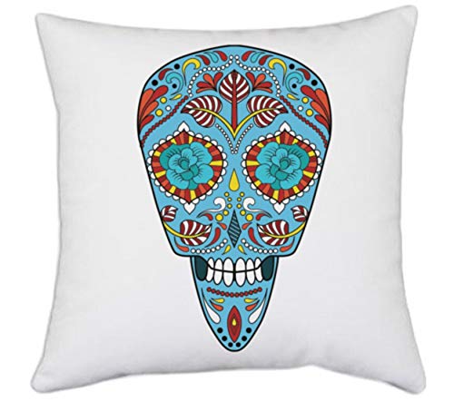 UDNAG White Polyester 'Illustration | Blue Flower Sugar Skull' Pillow Cover [16 Inch X 16 Inch]