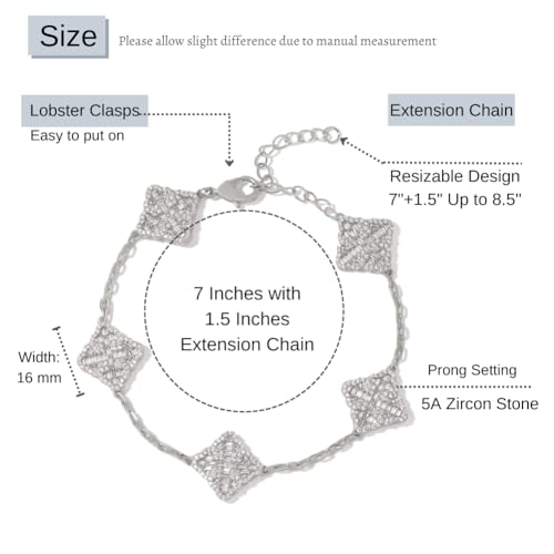 Iced Out 5A Cubic Zirconia Five-Flower Lucky Bracelet, Adjustable Chain Bracelet Dainty Four Leaf Bracelets For Women Trendy, White Gold Plated Stack Bracelets4