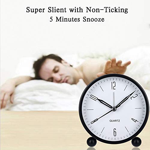 Image of Alarm Clock Bedside Non Ticking Analog Table Clocks 4 Inch Round Battery Operated, Easy Set and Night Light Function, Simple Stylish Design for Desk /Bedroom Gift Clock, Plastic, Black