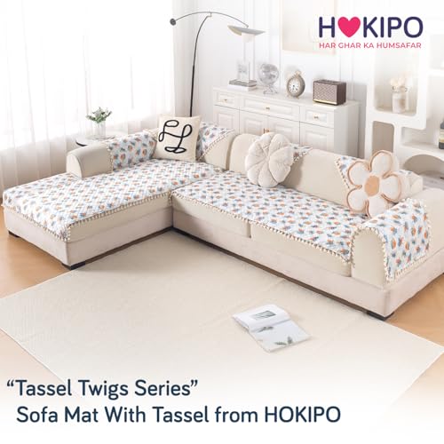 Image of HOKIPO Abstract Petals L Shape (3+3 Seater) Sofa Seat Mat with Tassel| Quilted Sofa Cover Mat, 'Tassel Twigs' Series (IN-986-T10*2)
