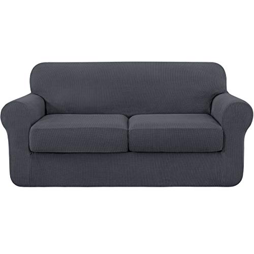 3 Piece Sofa Cover High Stretch Couch Slipcover for 2 Cushion Soft Sofa Slipcover Loveseat Cover Jacquard Fabric Furniture Covers with Elastic Bottom Machine Washable(Gray,Medium)