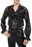 PROCOS Mens Pirate Vampire Gothic Shirt Rose Shaped Lace Shirt See Through Renaissance Victorian Poet Shirts Medieval Costume (Black, L)
