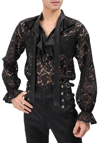 PROCOS Mens Pirate Vampire Gothic Shirt Rose Shaped Lace Shirt See Through Renaissance Victorian Poet Shirts Medieval Costume (Black, L)