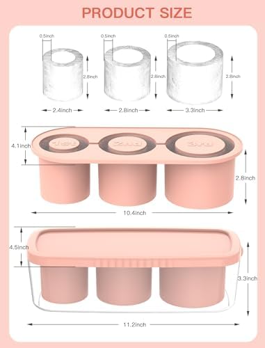 Ice Cube Tray for 30Oz-40Oz Tumbler, 3 Pcs Silicone Hollow Cylinder Ice Mold with Lid and Bin for Freezer, Ice Drink, Juice, Whiskey, Cocktail (Pink, 40 Oz)