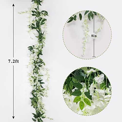 2PCS 7.2FT Artificial Wisteria Flowers Garland Fake Wisteria Vine Fake flowers Garland Silk Ivy Hanging Flower for Wedding Decorations Home Garden Party Decor(White)
