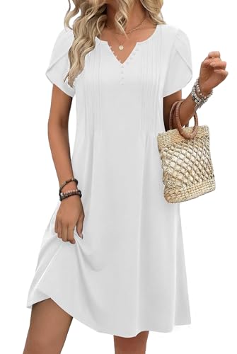 Zeagoo Women's Summer Dress Casual Solid Color V-Neck Short Sleeve Dresses Tunic Button A-Line Dress with Pockets White L