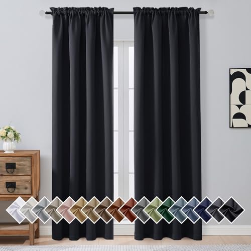 Image of Black Blackout Curtains for Bedroom 90 Inches Long 2 Panels, Thermal Insulated Soft Fabric Solid Privacy Curtains for Living Room, Rod Pocket Modern Window Treatments, 2x40Wx90L Inches