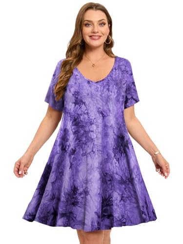 Image of ZENNILO Women's Plus Size Swing Dress with Pockets Casual Summer Dresses V Neck Short Sleeve T Shirt Dress for Women