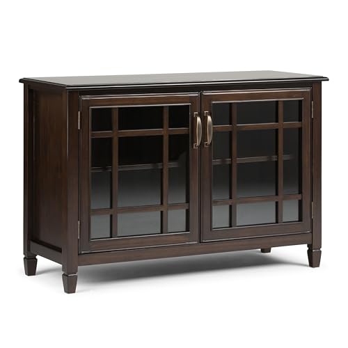 SIMPLIHOME Connaught Storage Cabinet - 46 inch Wide Solid Wood Low Storage Cabinet in Dark Chestnut Brown, Traditional Console for Living Room, Entryway, or Dining Room with Glass Doors and Shelves