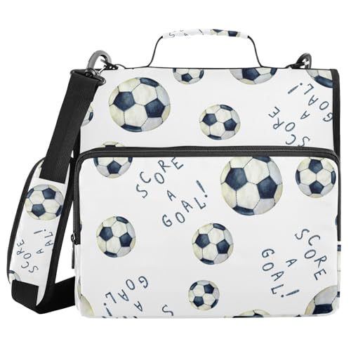 Classeur à 3 anneaux avec fermeture éclair pour ballon de football aquarelle - Sac de rangement avec bandoulière pour ordinateur portable de 13" et 500 feuilles