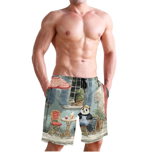 Men's Swim Trunks Street Panda Print, Quick Dry Beach Board Shorts with Lining-S3