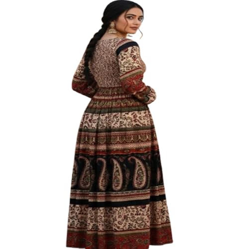 Image of Women's Cotton Dress Jaipuri Sanganeri Print Midi Long Dress Printed Fit and Flare Maxi Dress A-Line Gown Dress Maxi Skirt, Mandala (Free Size)