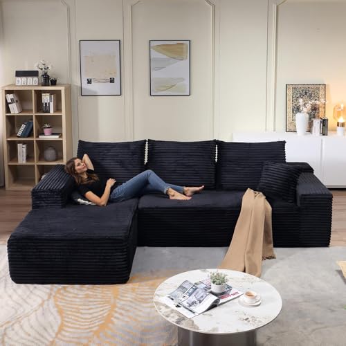 Image of 107 inch Cloud Sectional Couch with L-Shape Chaise, Modern Modular Comfy Sofa with Deep Seat, Upholstered Corduroy Couches Sleeper Chaise Longue for Living Room Bedroom, No Assembly Required, Black