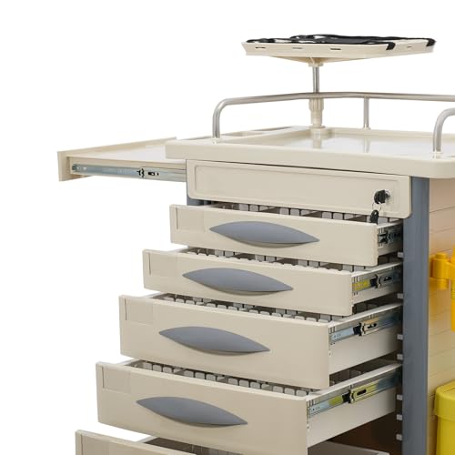 Medical Rolling Crash Cart, Medical Trolley 5 Drawers and Power Strip, Mobile Medical Cart for Clinic, Hospital, Nursing Center, Lockable Storage, Safety Retention Straps, Tag Slots (Off-White) - Thumbnail 7