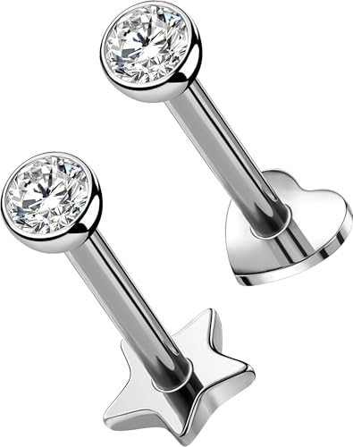 OUFER 2Pcs Tragus Piercing Jewelry, 16G G23 Solid Titanium Threadless Earring Stud Flat Back Star Heart Shaped 3MM CZ Silver Helix Cartilage Conch Tragus Earrings for Women Men-8MM