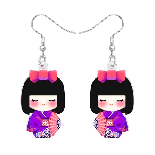 YAYAKO Acrylique Boucles D'oreilles Poupée Kimono Japonaise Pour Femmes Fans De Culture Japonaise Cadeaux Kawaii Anime Pendentif Bijoux Femmes (Pourpre)