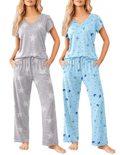 Ekouaer 2 Pack Womens Pajamas Short Sleeve Sleepwear Top with Pants Super-Soft Printed Lounge Sets S-XXL