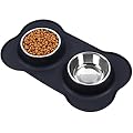 VIVAGLORY Small Dog Bowls Stainless Steel Cat Puppy Water and Food Bowl with Non-Spill Skid Resistant Silicone Mat, 185ml Each, Black