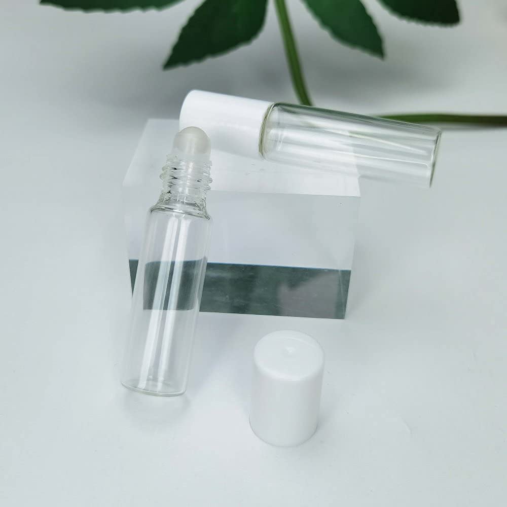50 szt. butelek z białego szkła – 5 ml, idealne do olejów i podróży, zawiera pokrywki