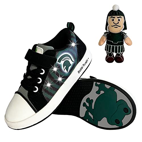 Bobbi-Toads Michigan State University Lighted Sneaker with Adjustable Strap Child Shoes & Mascot Sparty (Toddler/Little Kid) Green and Black2