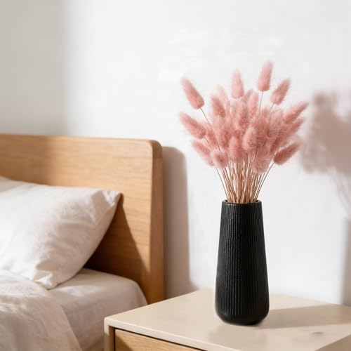 Image of 7.8''H Ceramic Vase, Pampas Grass Vase, Ribbed Modern Decor, Matte Black
