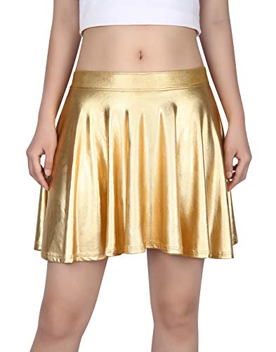Hde Women's Shiny Liquid Metallic Wet Look Flared Pleated Skater Skirt (Gold, Medium) #TOP1