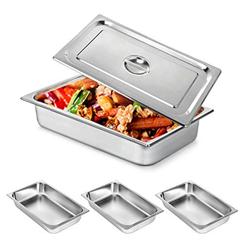4 Inch Hotel Pan,Full Size Steam Table Pan,Water Pan Deep Steam Table Pan Stainless Steel Chafing Steam Table Pan Trays with Lids for Food 20x12x 4 inch