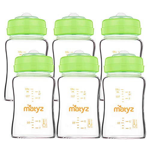Matyz 6-Pack Leakproof Glass Breastmilk Storage Bottles (Green, 6oz Each) - Compatible