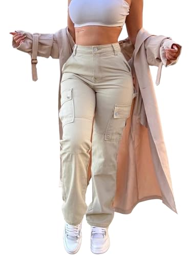 Cargo Pants for Women High Waisted Casual Pants Work Pants Baggy Stretchy Straight Leg Pants Y2K Streetwear with Pockets Apricot