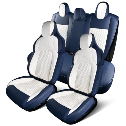 Image of Coverado Car Seat Covers for Tesla Model 3, Full Set 5 Seater, Leatherette Car Seat Covers Front Seats and Rear Back Custom for Tesla Model 3 2024-2025 New BlueWhite