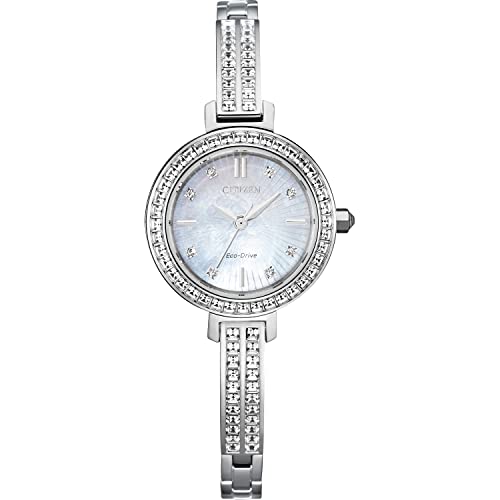 Citizen Women's Eco-Drive Dress Classic Crystal Bangle Petite Watch in Stainless Steel, Mother of Pearl Dial, 25mm (Model: EM0860-51D)