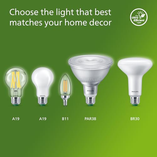 Philips LED 60W A19 12-Pack Ultra Efficient Soft White (5W = 60W) Dimmable Clear Flicker-Free Light Bulb