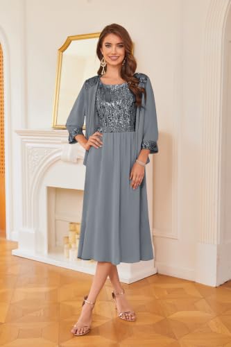 Image of GRACE KARIN Formal Wedding Guest Dress Sequin Mother of The Bride Dresses | Two Piece,3 /4 Sleeve,Tea Length,Crew Neck,Fit and Flare,Chiffon,Suitable for Spring /Summer /Fall /Winter /Cocktail /Party /Prom