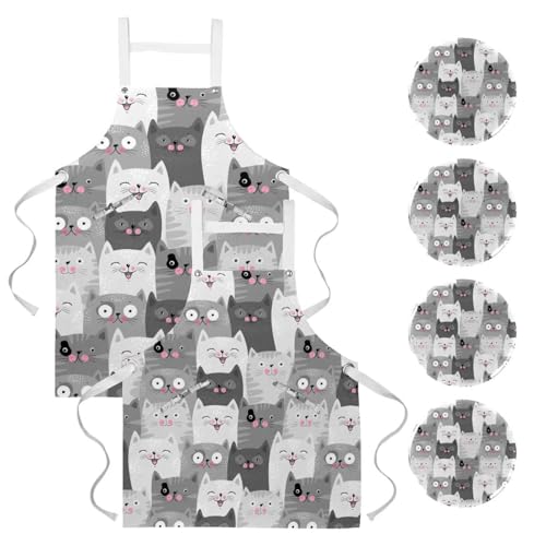 Tablier de cuisine multicolore motif chat souriant pour le travail