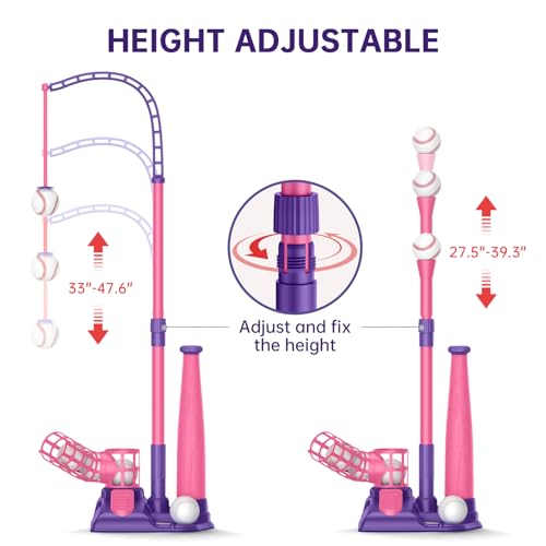 3-in-1-Kids-Baseball-Set-for-Ages-3-55-8-Batting-Tee-Stand-Tee-Pitching-Machine-with-6-Plastic-Softballs-Bat-Adjustable-Height-IndoorOutdoor-Backyard-Sport-Games-Gifts-for-Boys-Girls-Pink 3 in 1 Kids Baseball Set for Ages 3 55 8 Batting Tee Stand Tee Pitching Machine with 6 Plastic Softballs Bat Adjustable Height IndoorOutdoor Backyard Sport Games Gifts for Boys Girls Pink